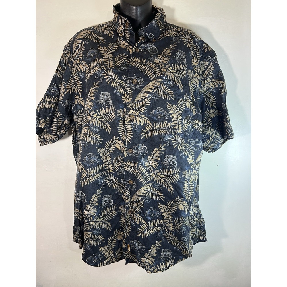 Vtg Woolrich Men's Button Up Hawaiian Cars Leaf Black Vacay Beach Casual Men's L